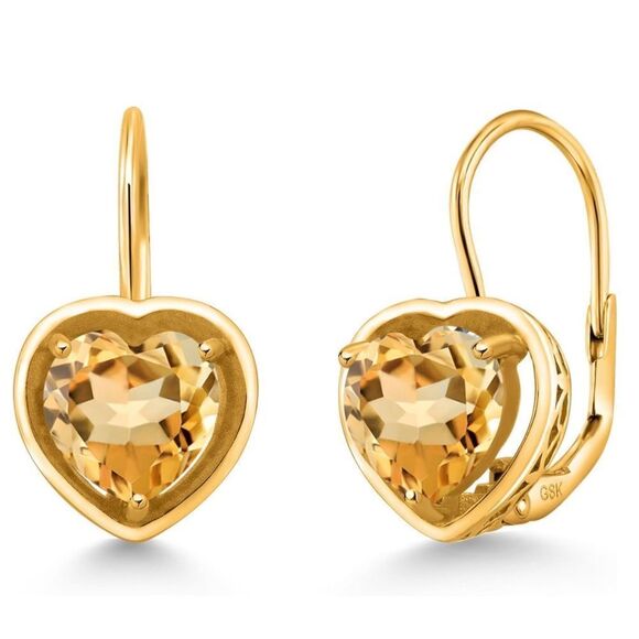 18K Yellow Gold 925 2.00 Cttw 7MM Yellow Citrine Heart Leverback Drop Earrings